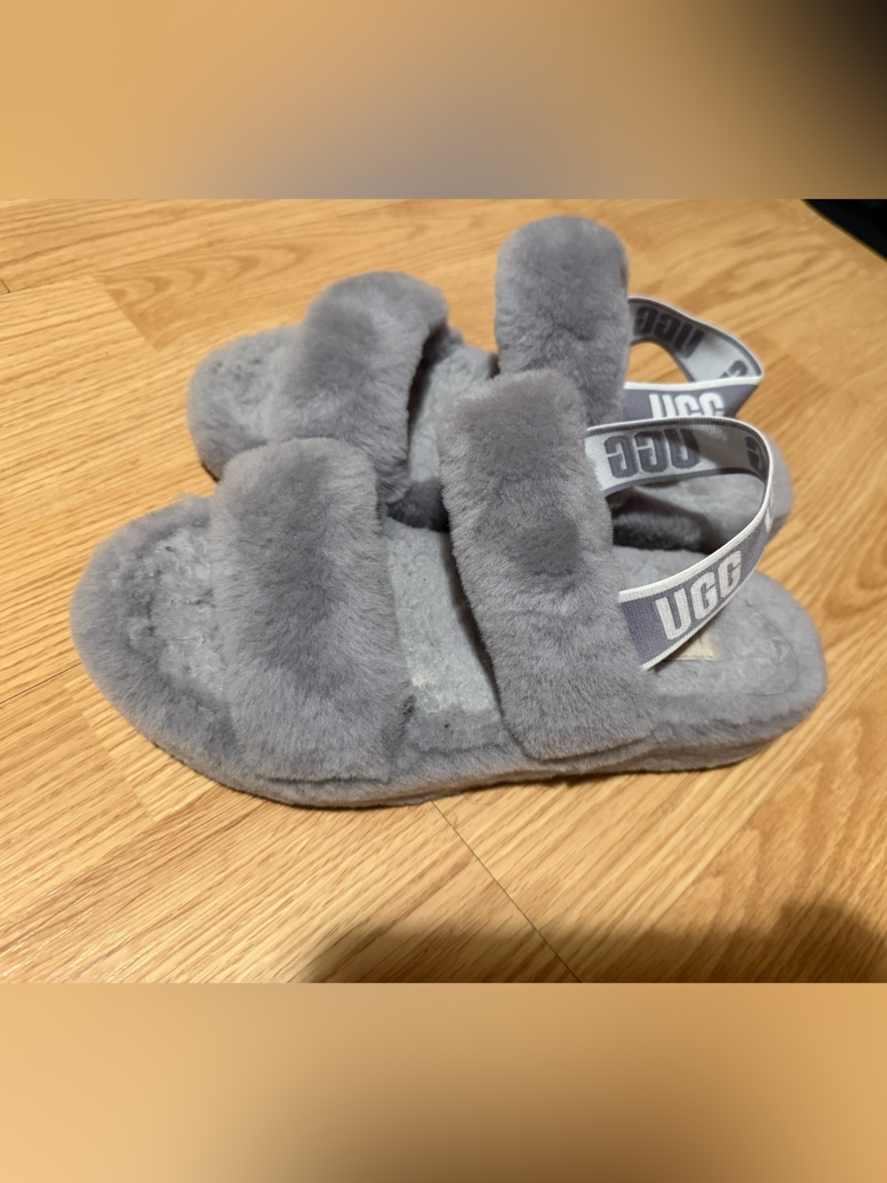 UGG Grey Plush Double-Strap Slide Sandals with Logo Heel